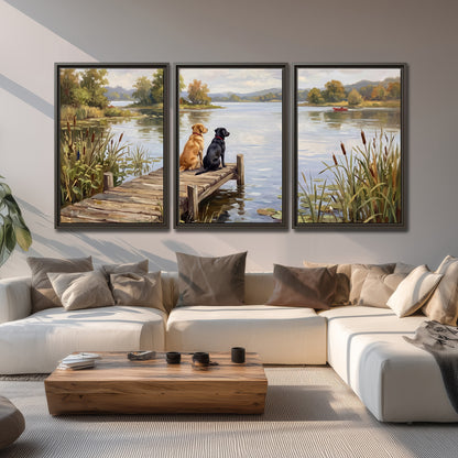 Two dogs sitting together on a wooden dock overlooking a peaceful lake 3 piece framed canvas wall art displayed in a living room