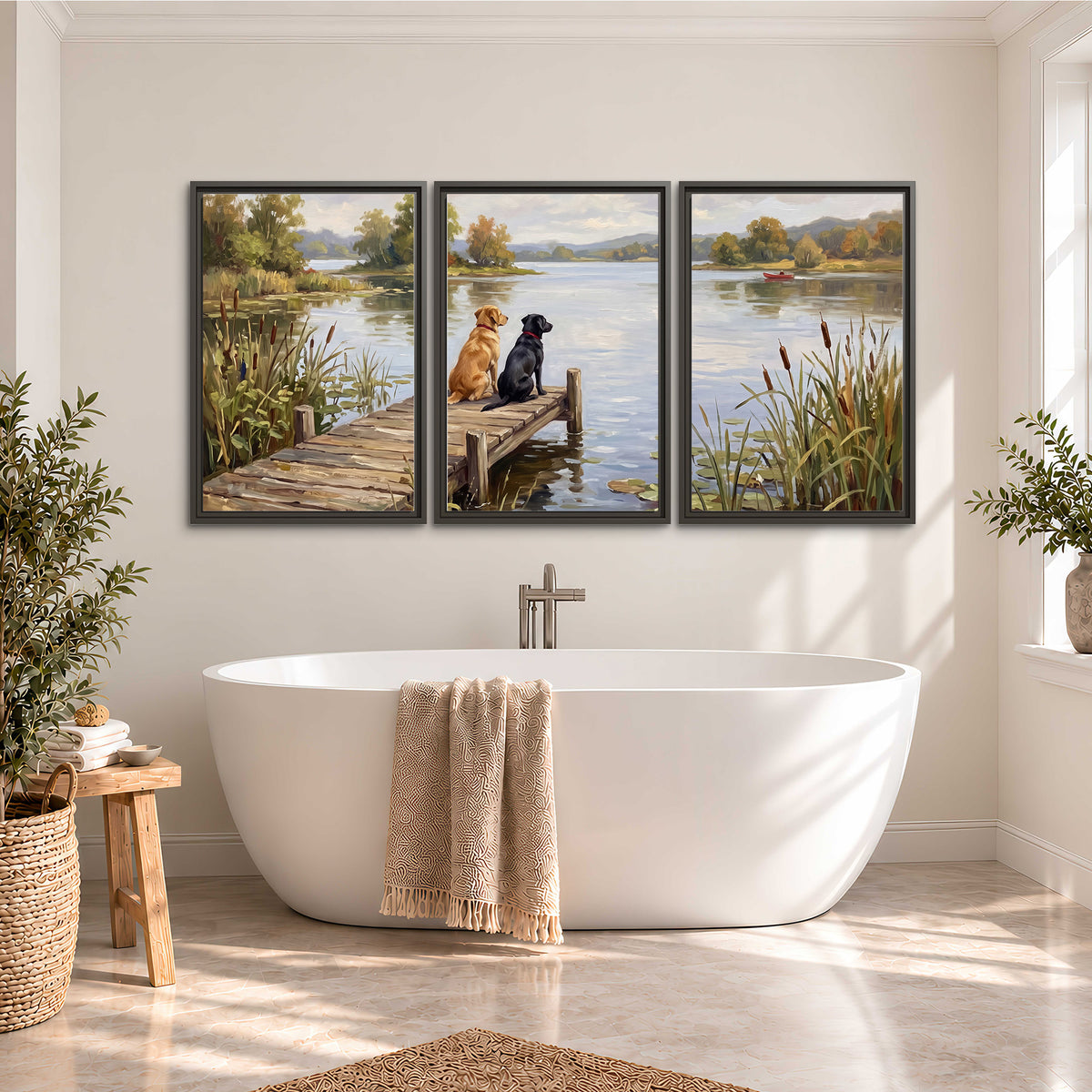 Two dogs sitting together on a wooden dock overlooking a peaceful lake 3 piece framed canvas wall art styled in an interior