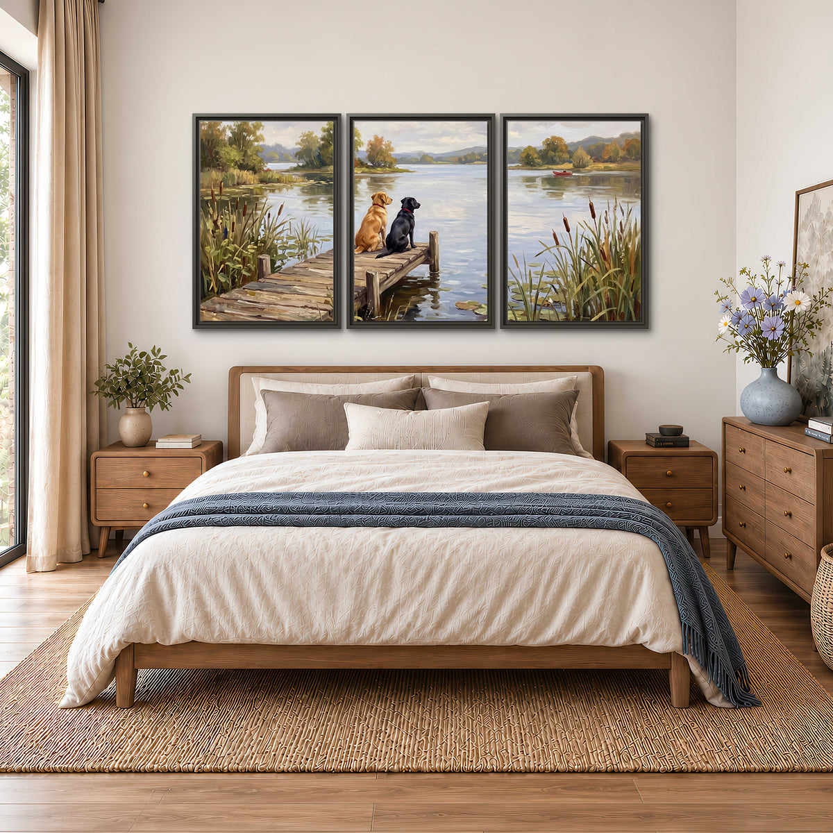 Two dogs sitting together on a wooden dock overlooking a peaceful lake 3 piece framed canvas wall art styled in an interior