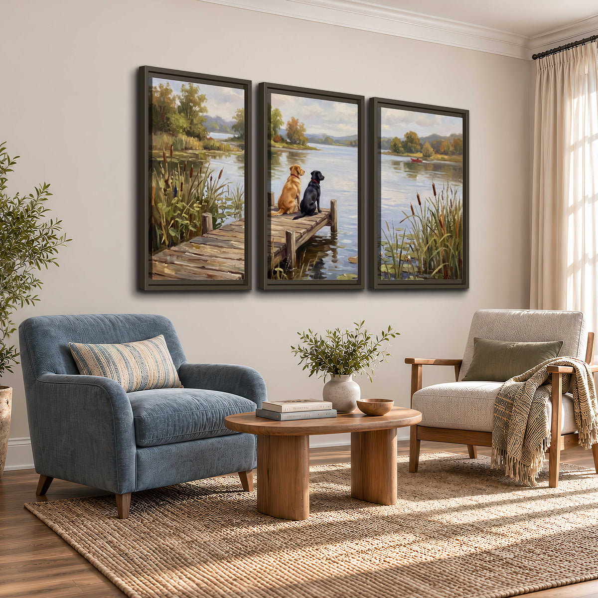 Two dogs sitting together on a wooden dock overlooking a peaceful lake 3 piece framed canvas wall art styled in an interior