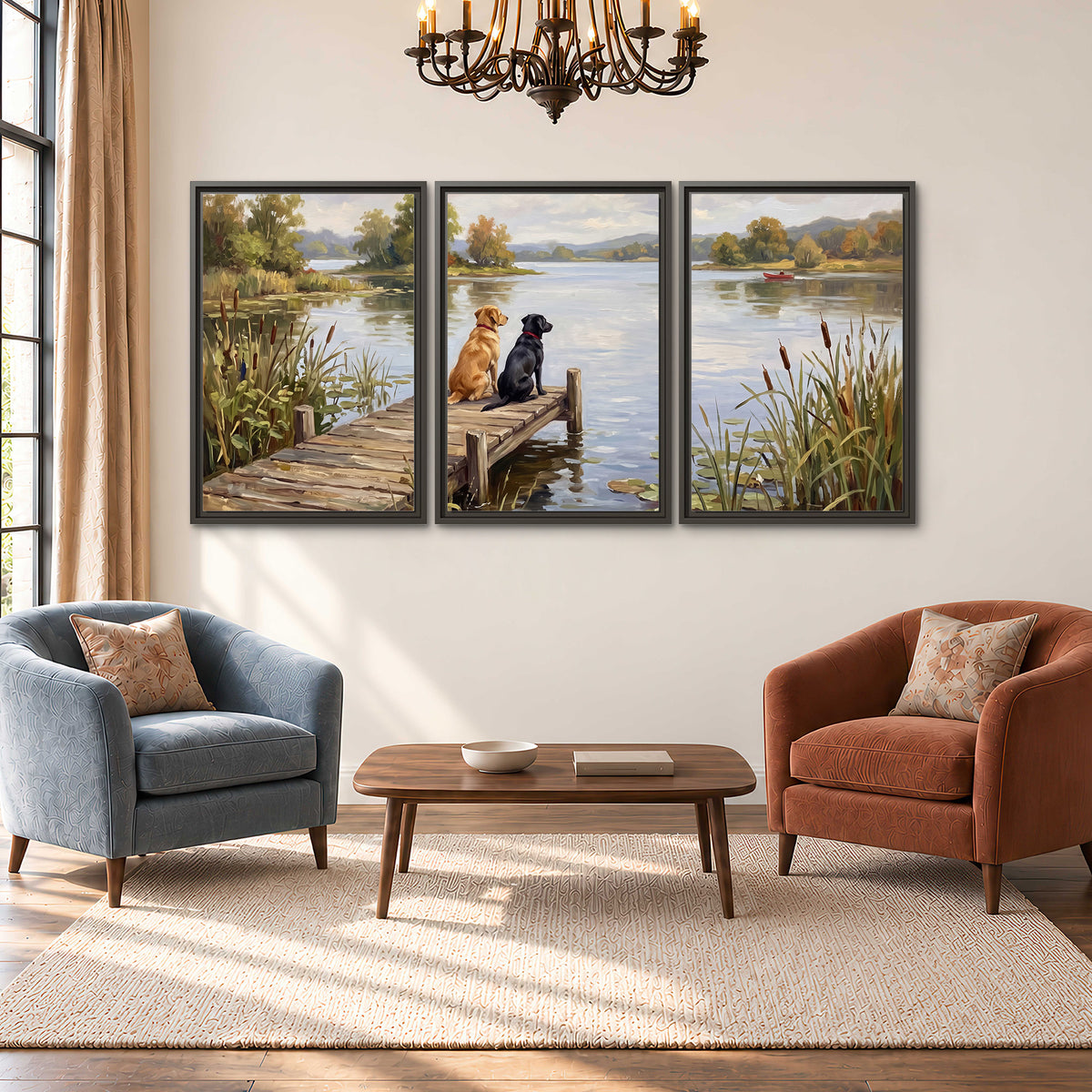 Two dogs sitting together on a wooden dock overlooking a peaceful lake 3 piece framed canvas wall art styled in an interior