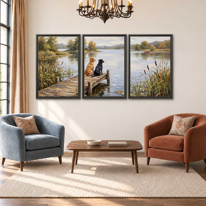 Two dogs sitting together on a wooden dock overlooking a peaceful lake 3 piece framed canvas wall art styled in an interior