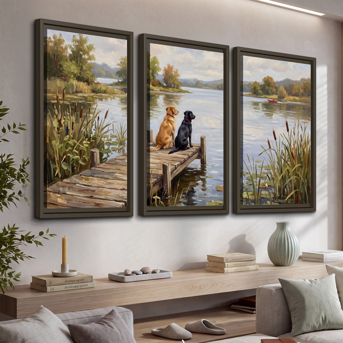 Two dogs sitting together on a wooden dock overlooking a peaceful lake 3 piece framed canvas wall art displayed in a console