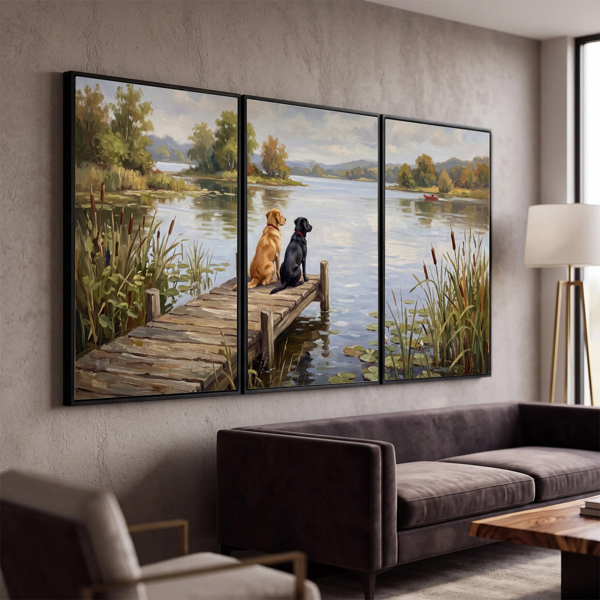 Two dogs sitting together on a wooden dock overlooking a peaceful lake 3 piece framed canvas wall art displayed in a modern living room
