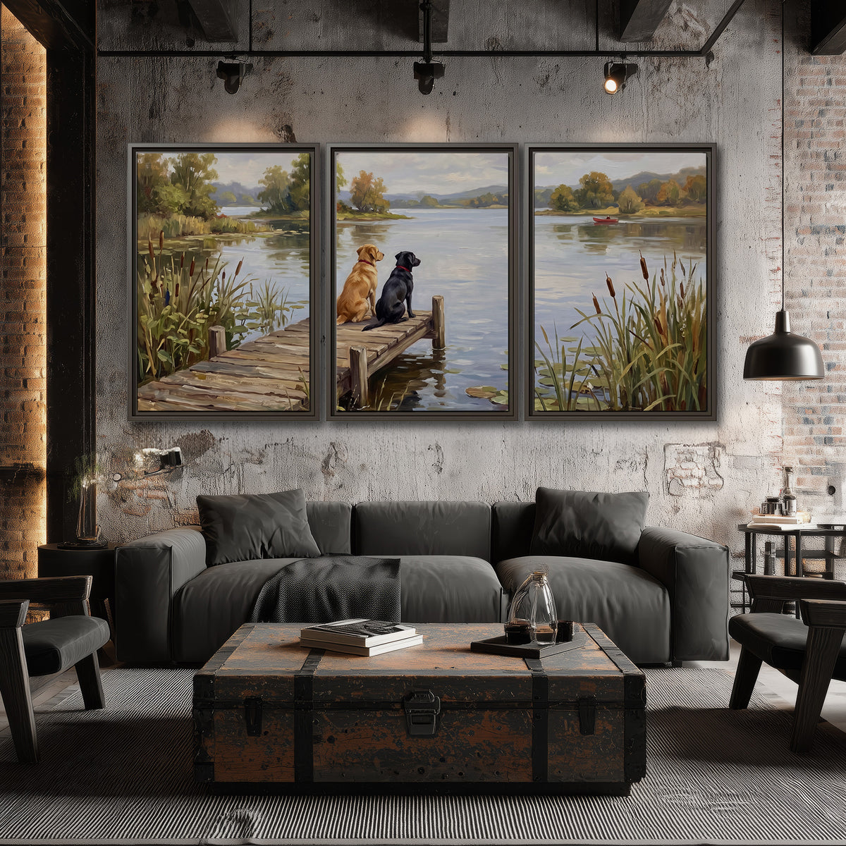 Two dogs sitting together on a wooden dock overlooking a peaceful lake 3 piece framed canvas wall art displayed in a industrial room