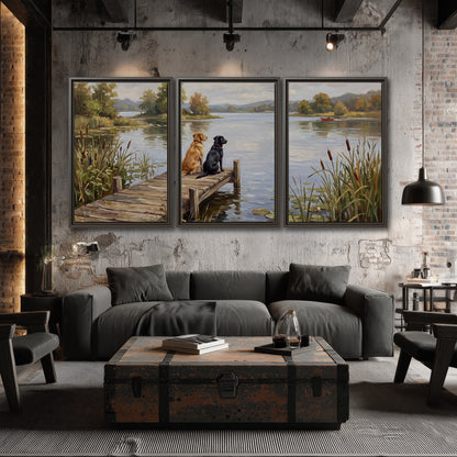 Two dogs sitting together on a wooden dock overlooking a peaceful lake 3 piece framed canvas wall art displayed in a industrial room