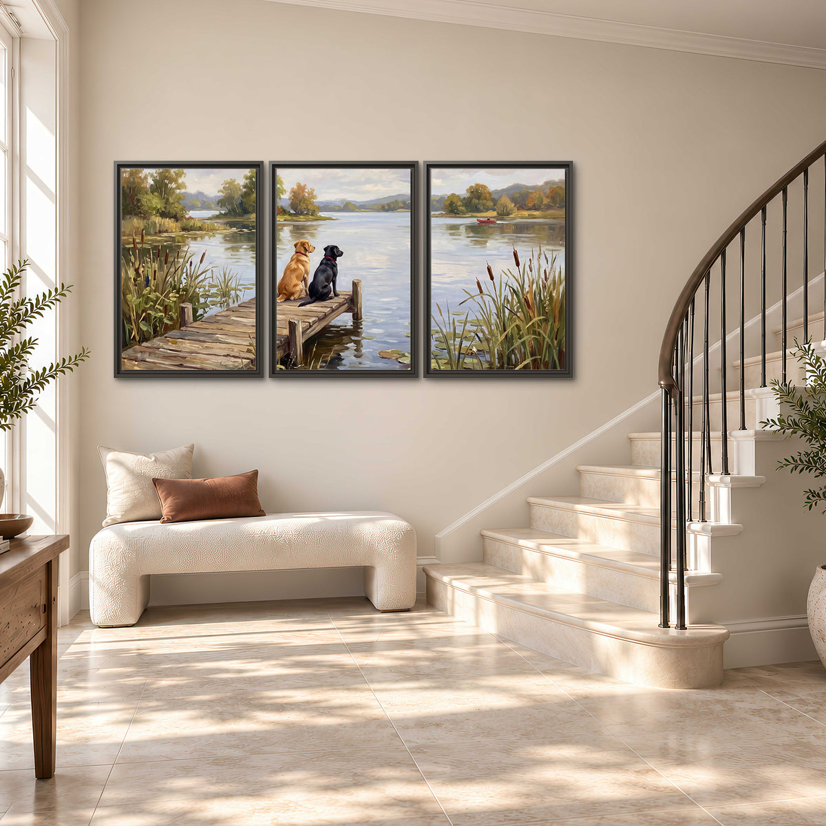 Two dogs sitting together on a wooden dock overlooking a peaceful lake 3 piece framed canvas wall art styled in an interior