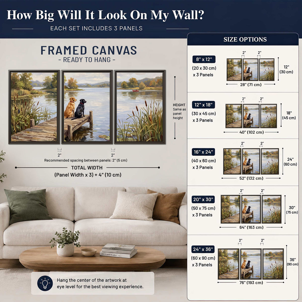 Two dogs sitting together on a wooden dock overlooking a peaceful lake 3 piece framed canvas wall art size guide above a sofa; room view is illustrative