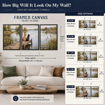 Two dogs sitting together on a wooden dock overlooking a peaceful lake 3 piece framed canvas wall art size guide above a sofa; room view is illustrative