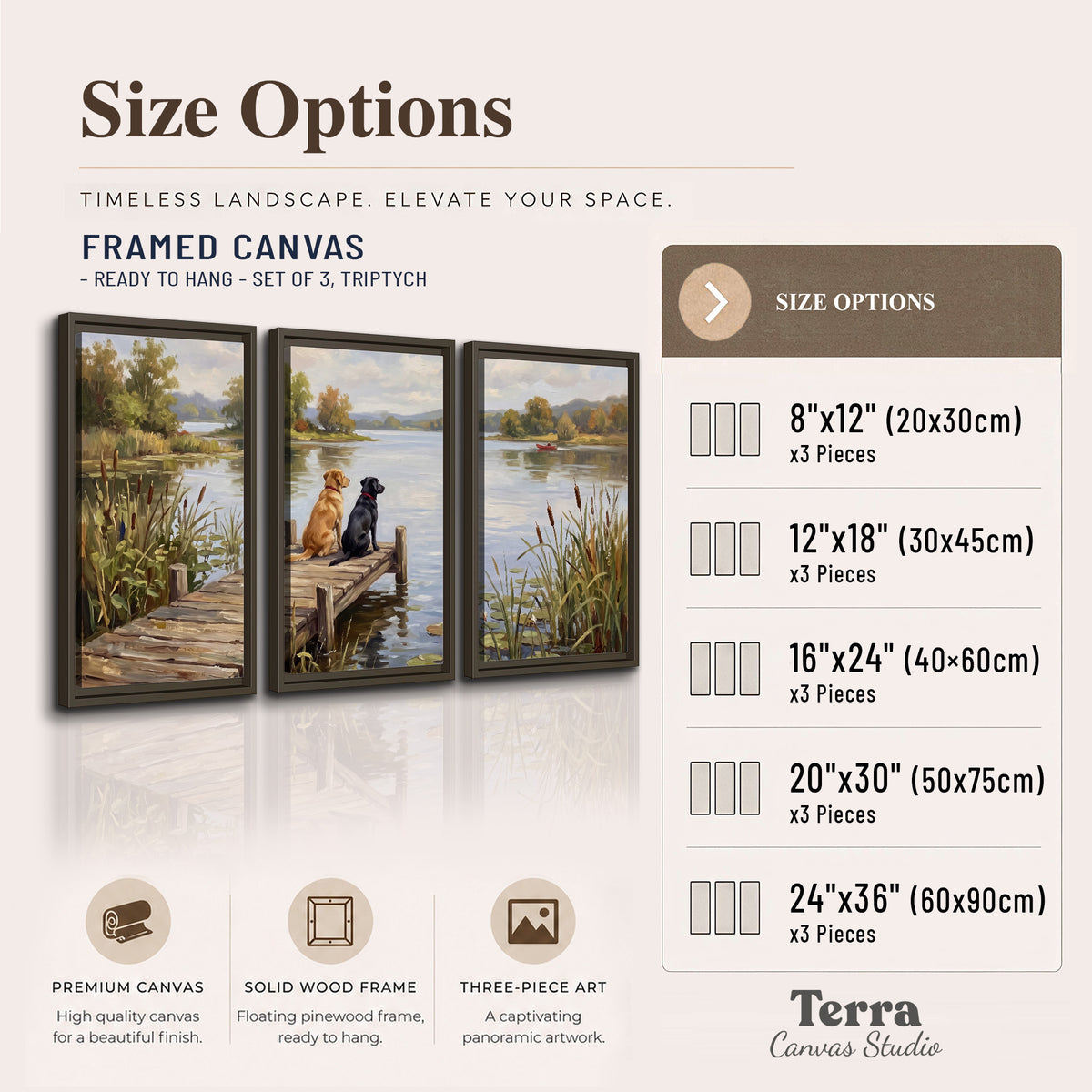 Two dogs sitting together on a wooden dock overlooking a peaceful lake 3 piece framed canvas wall art available dimensions; triptych dimensions are per panel