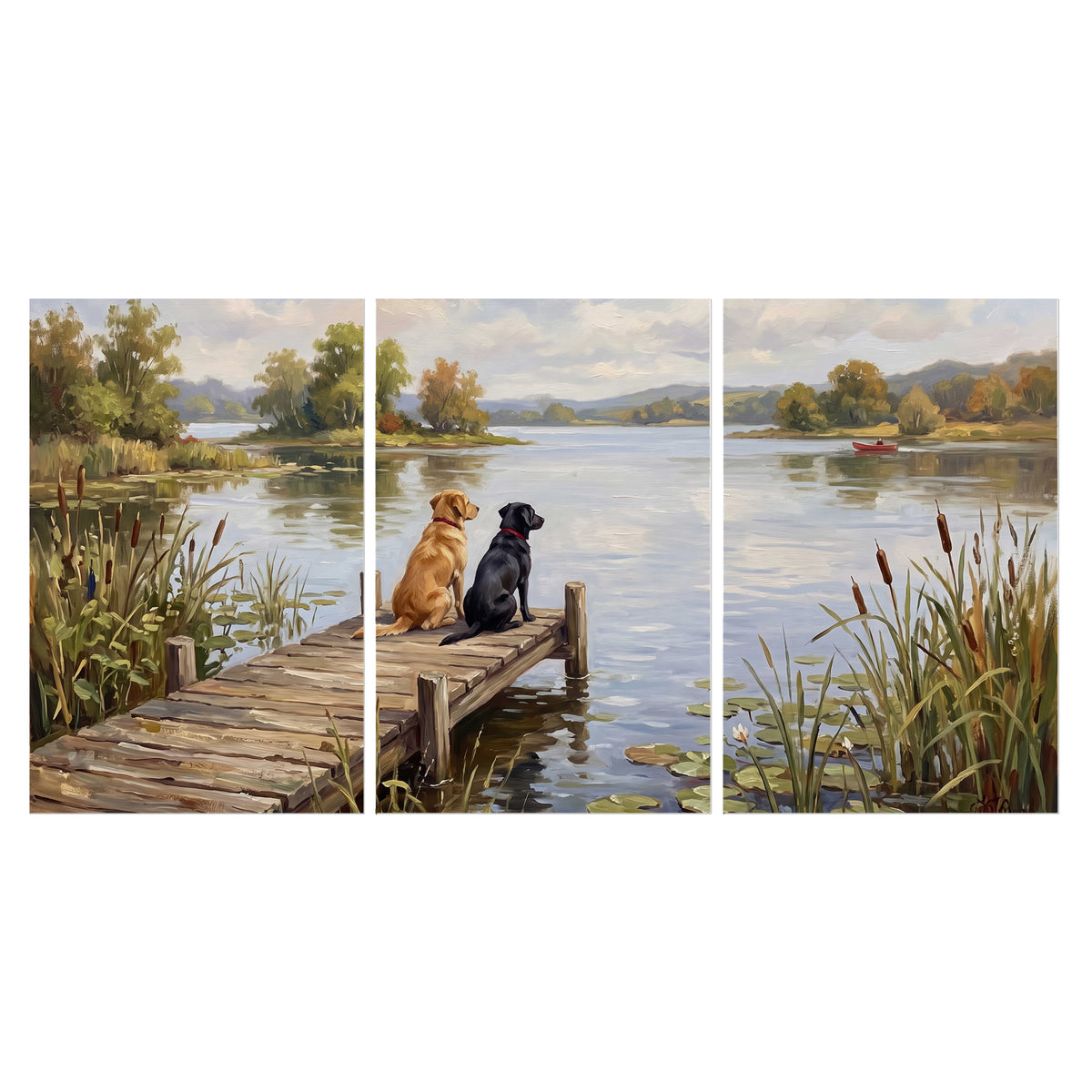 Two dogs sitting together on a wooden dock overlooking a peaceful lake set of 3 poster prints viewed straight on