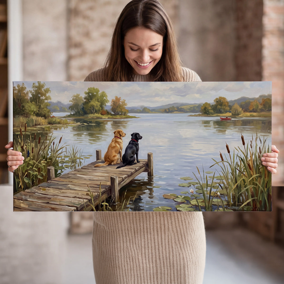 Two dogs sitting together on a wooden dock overlooking a peaceful lake single canvas wall art held in hands