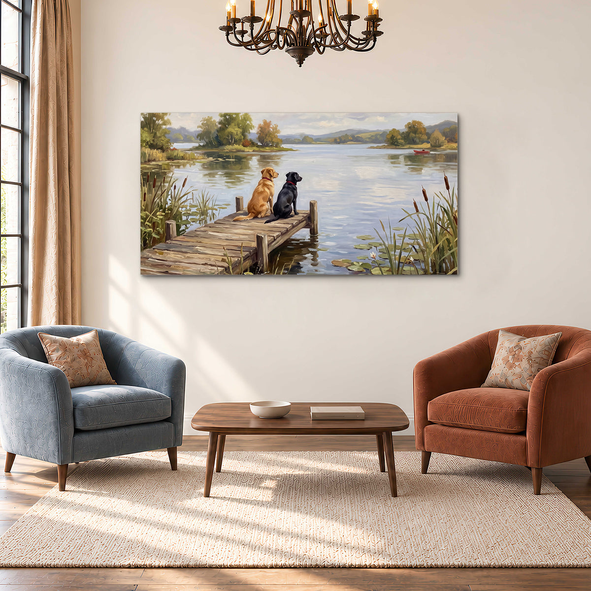 Two dogs sitting together on a wooden dock overlooking a peaceful lake single canvas wall art styled in an interior