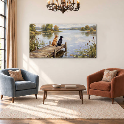 Two dogs sitting together on a wooden dock overlooking a peaceful lake single canvas wall art styled in an interior
