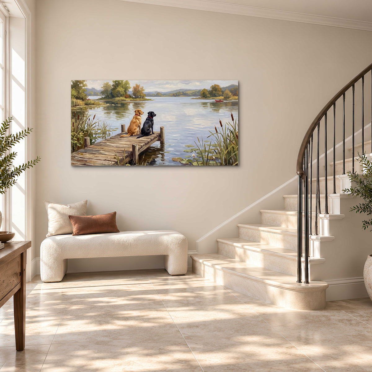 Two dogs sitting together on a wooden dock overlooking a peaceful lake single canvas wall art styled in an interior