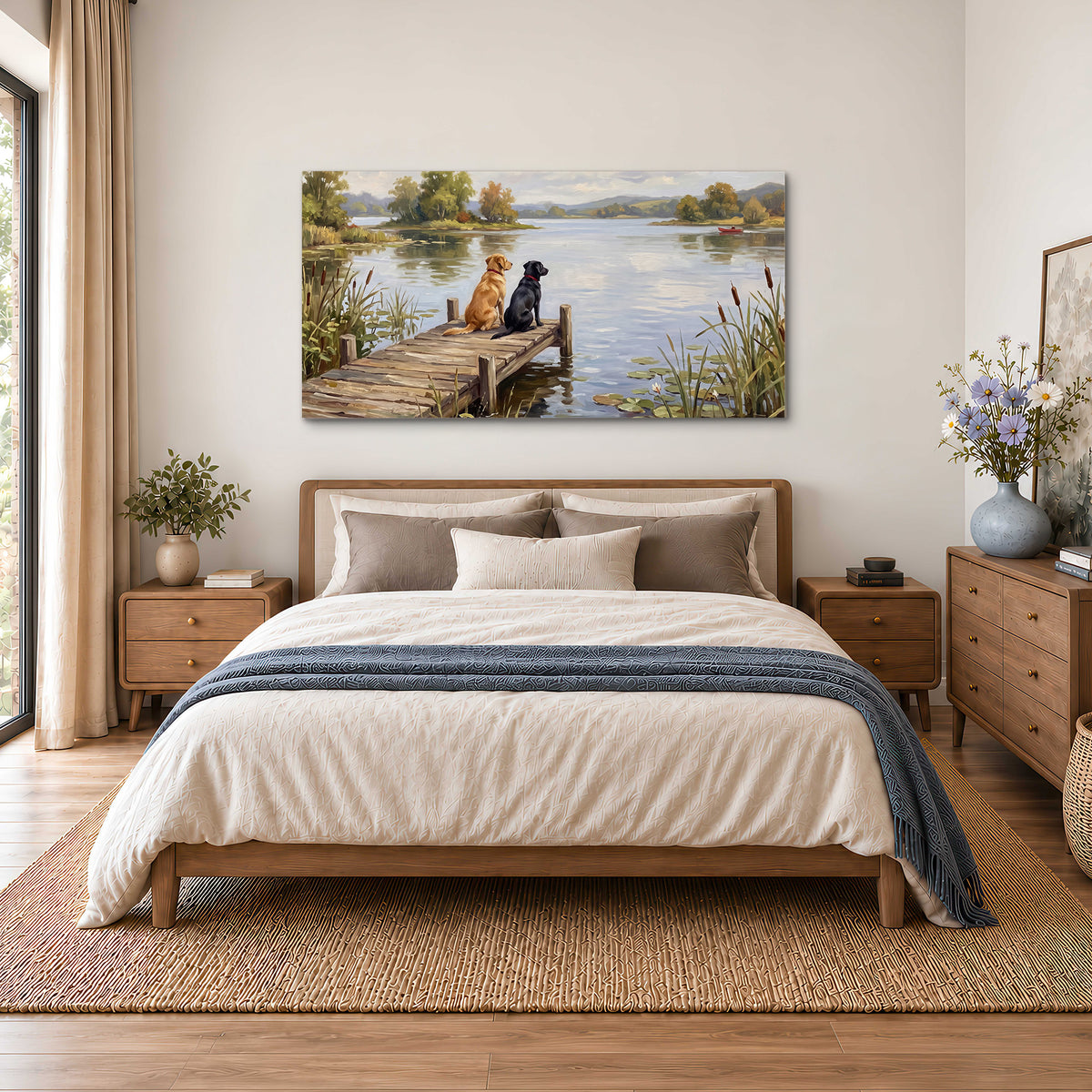 Two dogs sitting together on a wooden dock overlooking a peaceful lake single canvas wall art styled in an interior