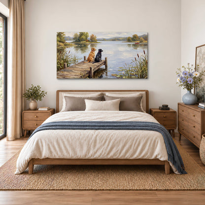 Two dogs sitting together on a wooden dock overlooking a peaceful lake single canvas wall art styled in an interior