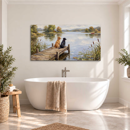 Two dogs sitting together on a wooden dock overlooking a peaceful lake single canvas wall art styled in an interior