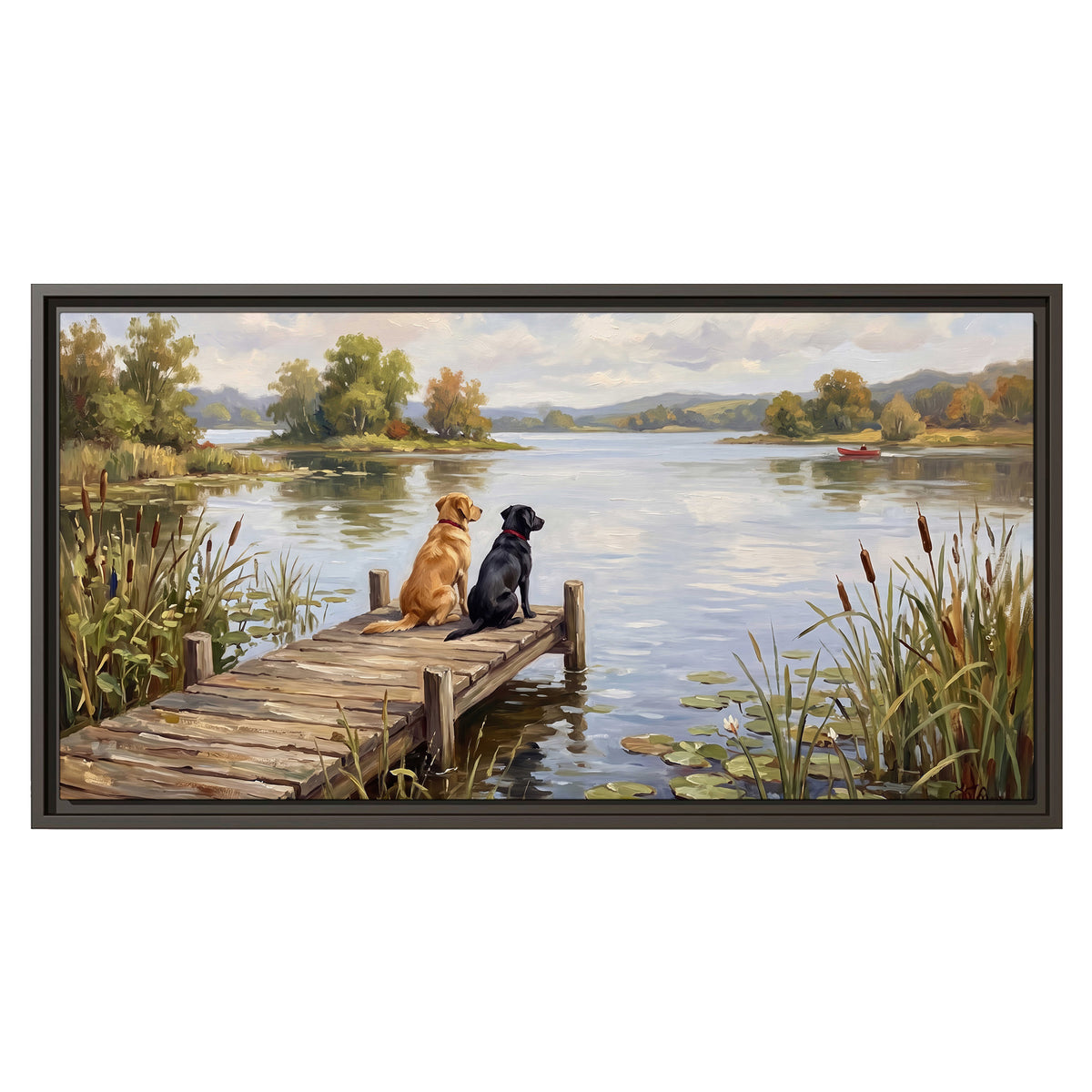 Two dogs sitting together on a wooden dock overlooking a peaceful lake single framed canvas wall art viewed straight on