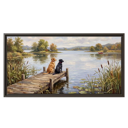 Two dogs sitting together on a wooden dock overlooking a peaceful lake single framed canvas wall art viewed straight on