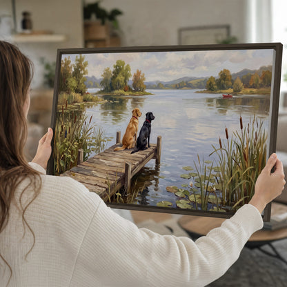 Two dogs sitting together on a wooden dock overlooking a peaceful lake single framed canvas wall art held in hands