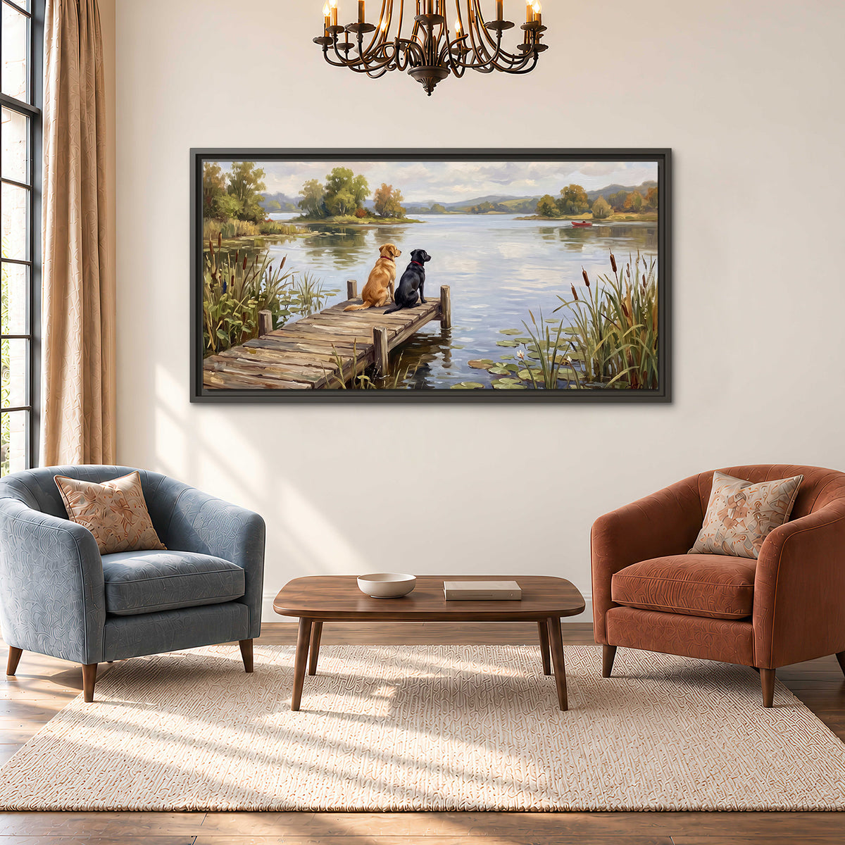 Two dogs sitting together on a wooden dock overlooking a peaceful lake single framed canvas wall art styled in an interior