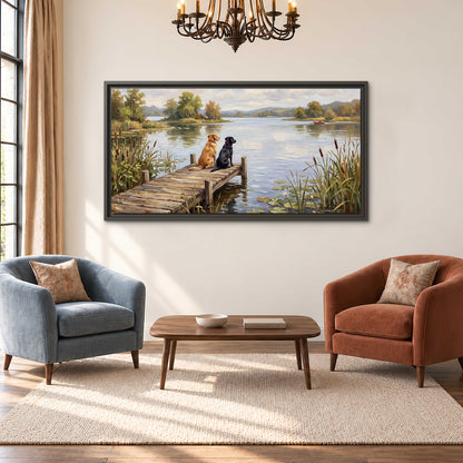 Two dogs sitting together on a wooden dock overlooking a peaceful lake single framed canvas wall art styled in an interior