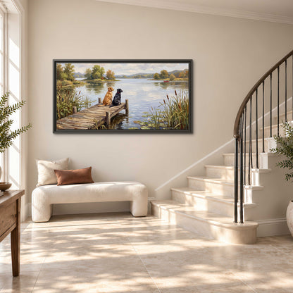 Two dogs sitting together on a wooden dock overlooking a peaceful lake single framed canvas wall art styled in an interior
