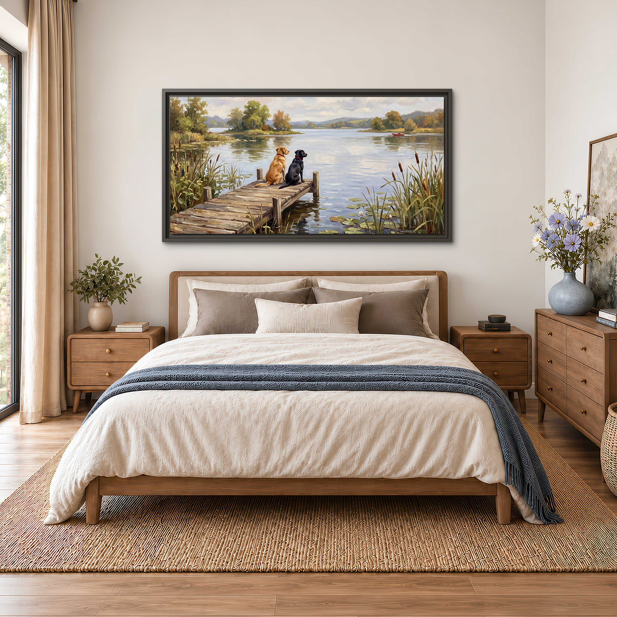 Two dogs sitting together on a wooden dock overlooking a peaceful lake single framed canvas wall art styled in an interior