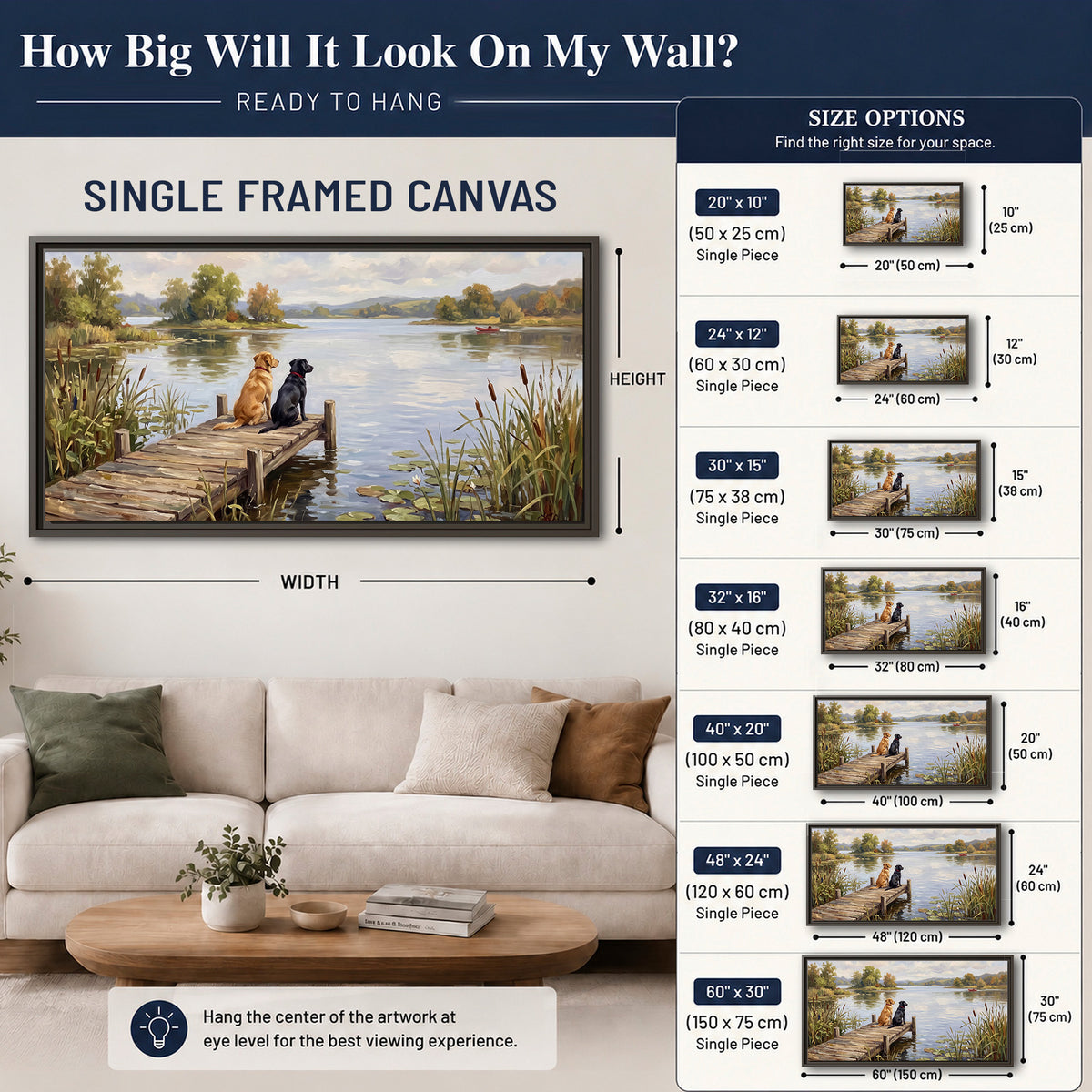 Two dogs sitting together on a wooden dock overlooking a peaceful lake single framed canvas wall art size guide above a sofa; room view is illustrative