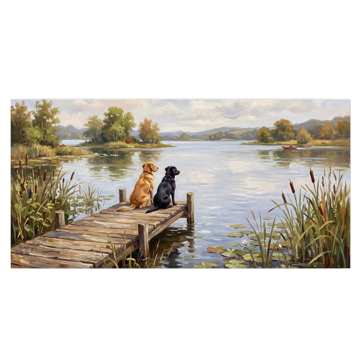 Two dogs sitting together on a wooden dock overlooking a peaceful lake single poster print viewed straight on