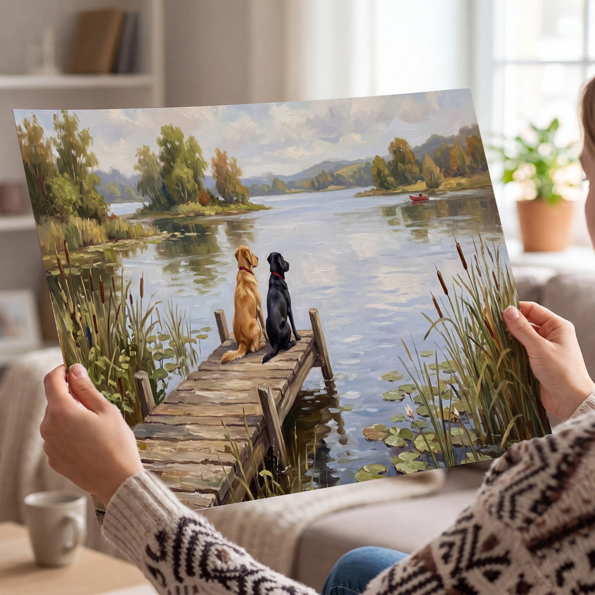 Two dogs sitting together on a wooden dock overlooking a peaceful lake single poster print held in hands