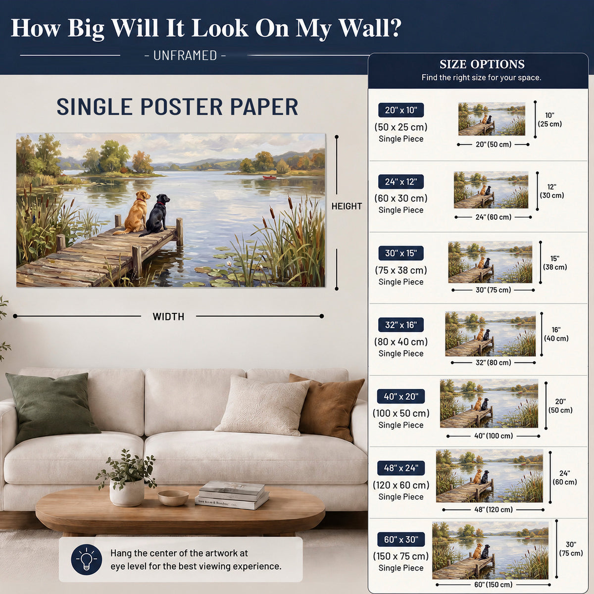 Two dogs sitting together on a wooden dock overlooking a peaceful lake single poster print size guide above a sofa; room view is illustrative