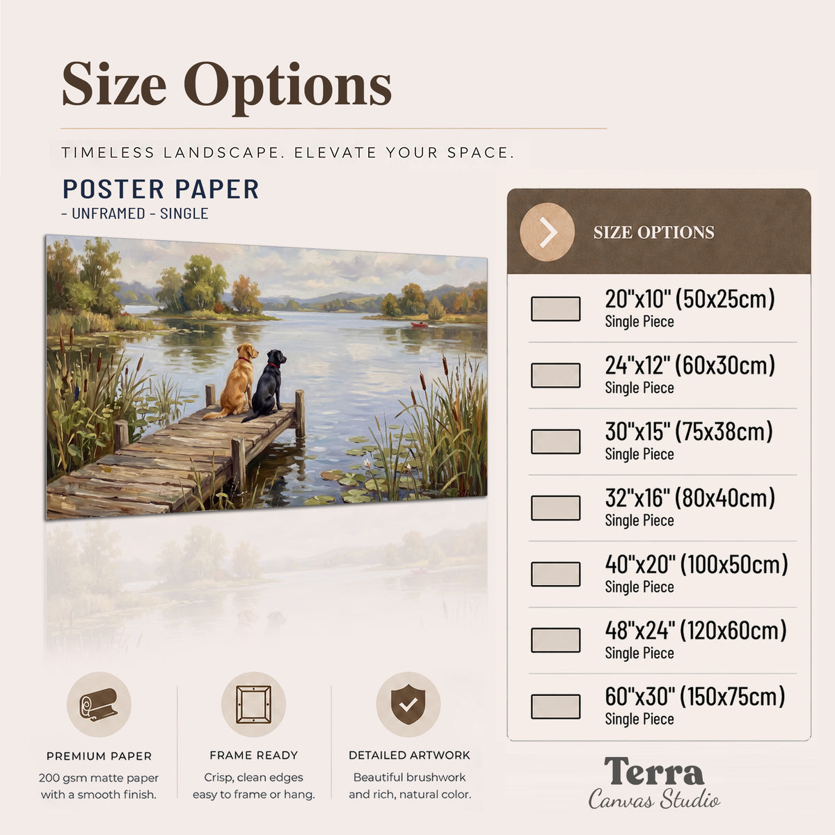 Two dogs sitting together on a wooden dock overlooking a peaceful lake single poster print available dimensions
