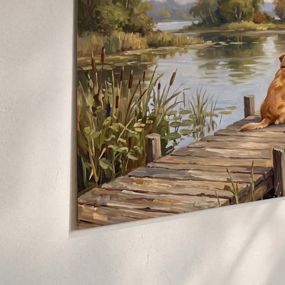Two dogs sitting together on a wooden dock overlooking a peaceful lake set of 3 poster prints material and edge close up