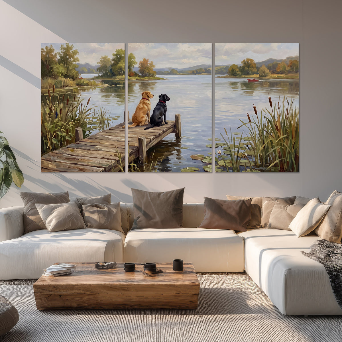 Two dogs sitting together on a wooden dock overlooking a peaceful lake set of 3 poster prints displayed in a living room