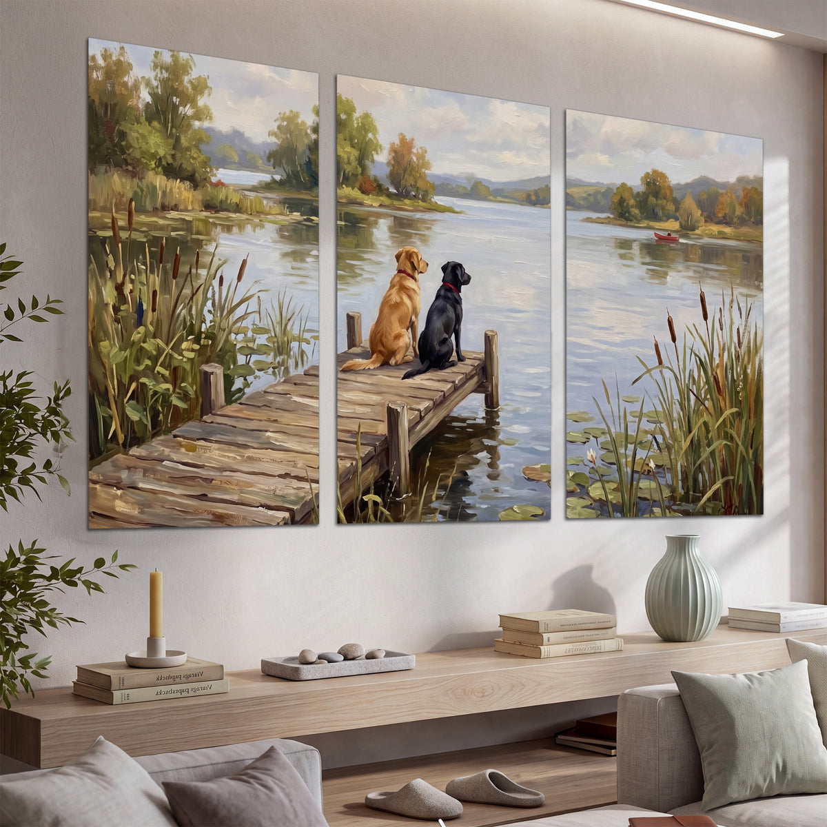 Two dogs sitting together on a wooden dock overlooking a peaceful lake set of 3 poster prints displayed in a console