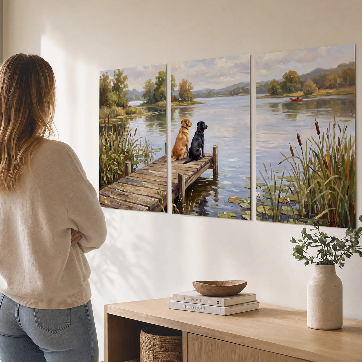 Two dogs sitting together on a wooden dock overlooking a peaceful lake set of 3 poster prints three panel arrangement on a wall