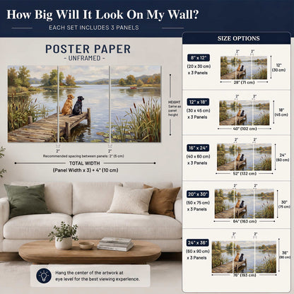 Two dogs sitting together on a wooden dock overlooking a peaceful lake set of 3 poster prints size guide above a sofa; room view is illustrative