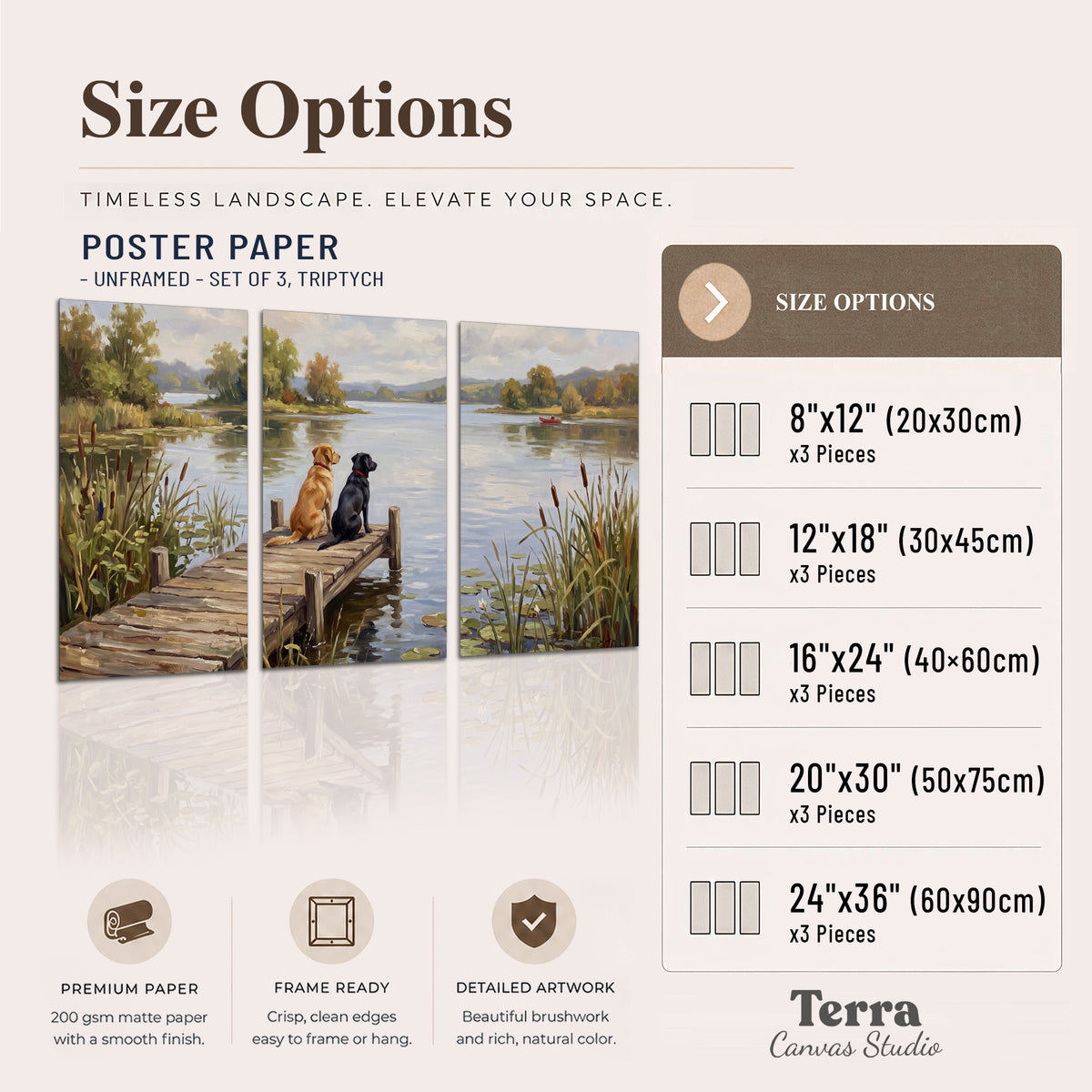 Two dogs sitting together on a wooden dock overlooking a peaceful lake set of 3 poster prints available dimensions; triptych dimensions are per panel