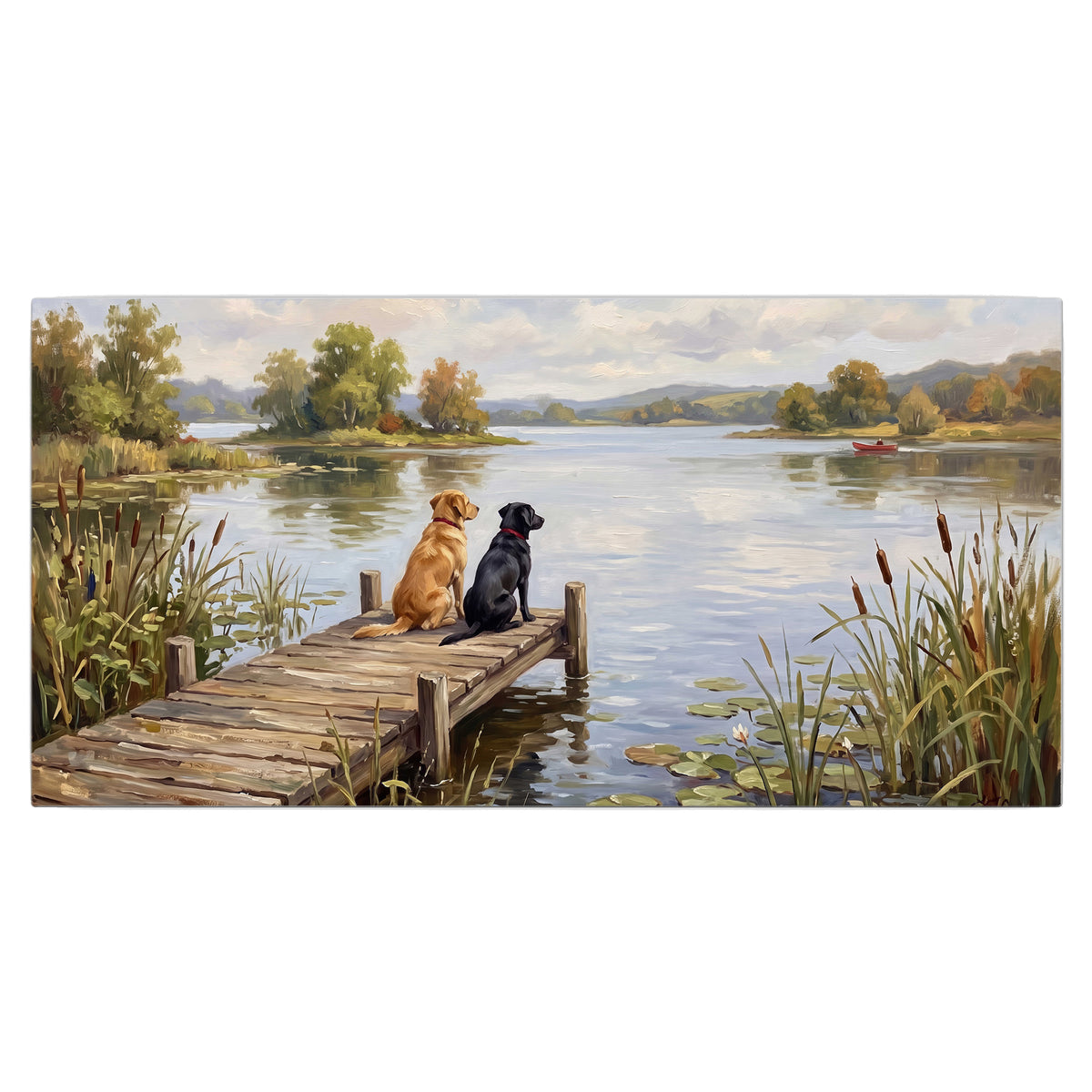 Two dogs sitting together on a wooden dock overlooking a peaceful lake single canvas wall art viewed straight on