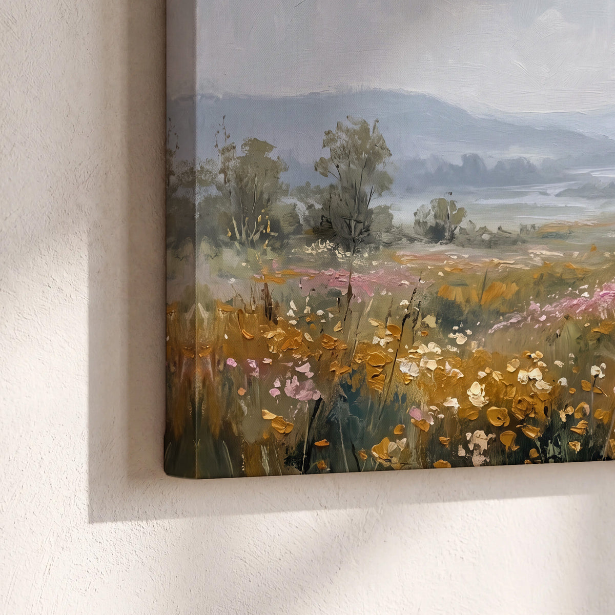 A flower-filled meadow overlooking soft blue mountain ridges 3 piece canvas wall art material and edge close up
