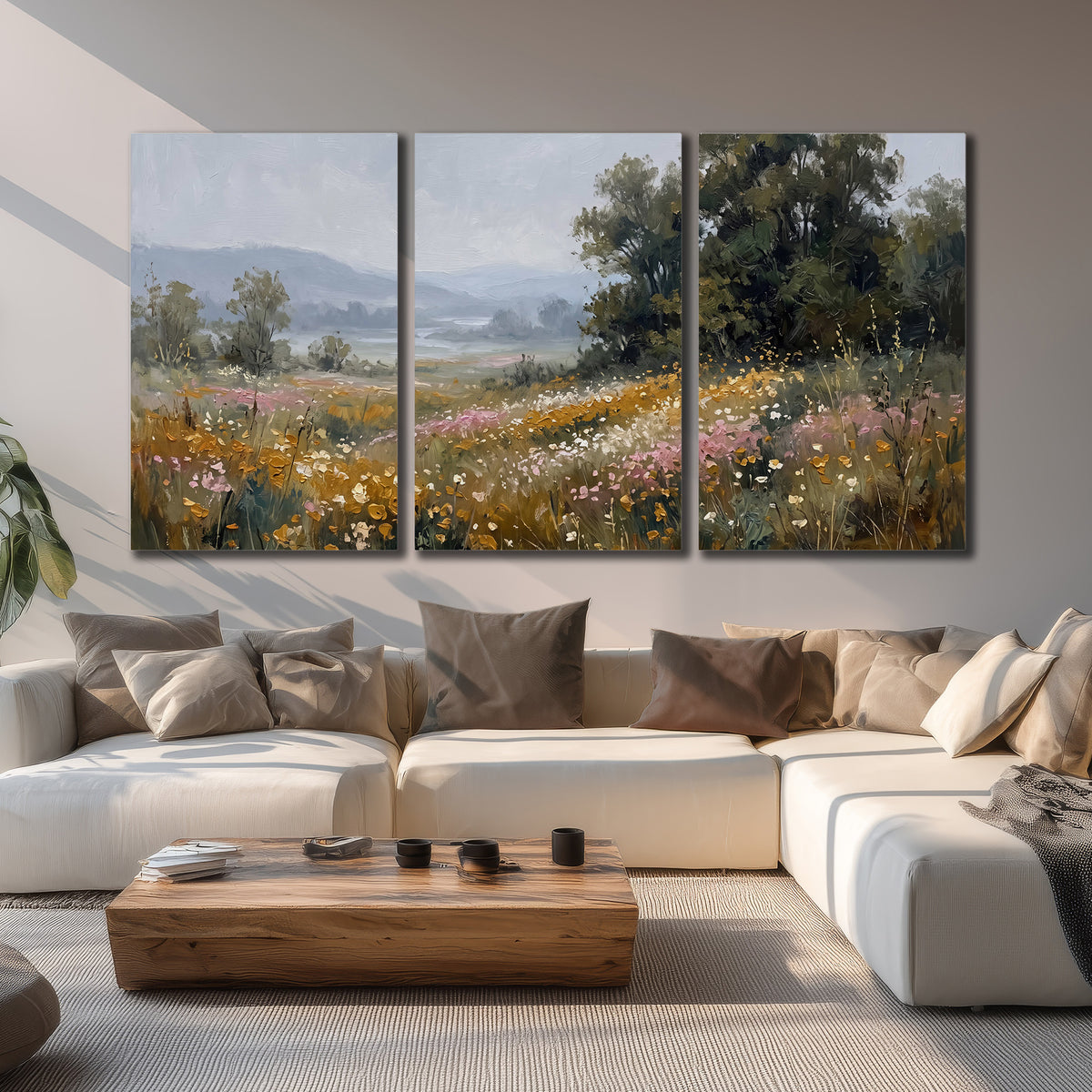 A flower-filled meadow overlooking soft blue mountain ridges 3 piece canvas wall art displayed in a living room