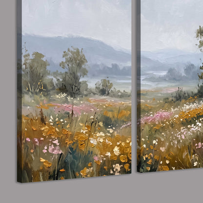 A flower-filled meadow overlooking soft blue mountain ridges 3 piece canvas wall art room and product view