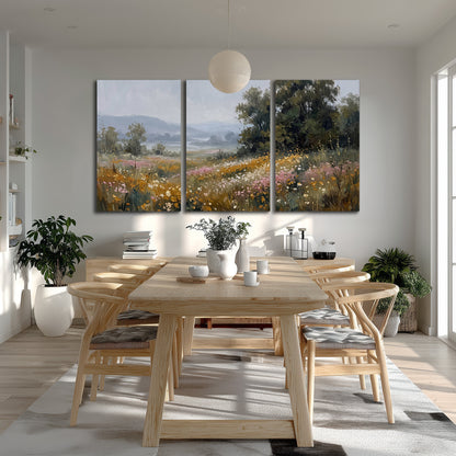 A flower-filled meadow overlooking soft blue mountain ridges 3 piece canvas wall art room and product view