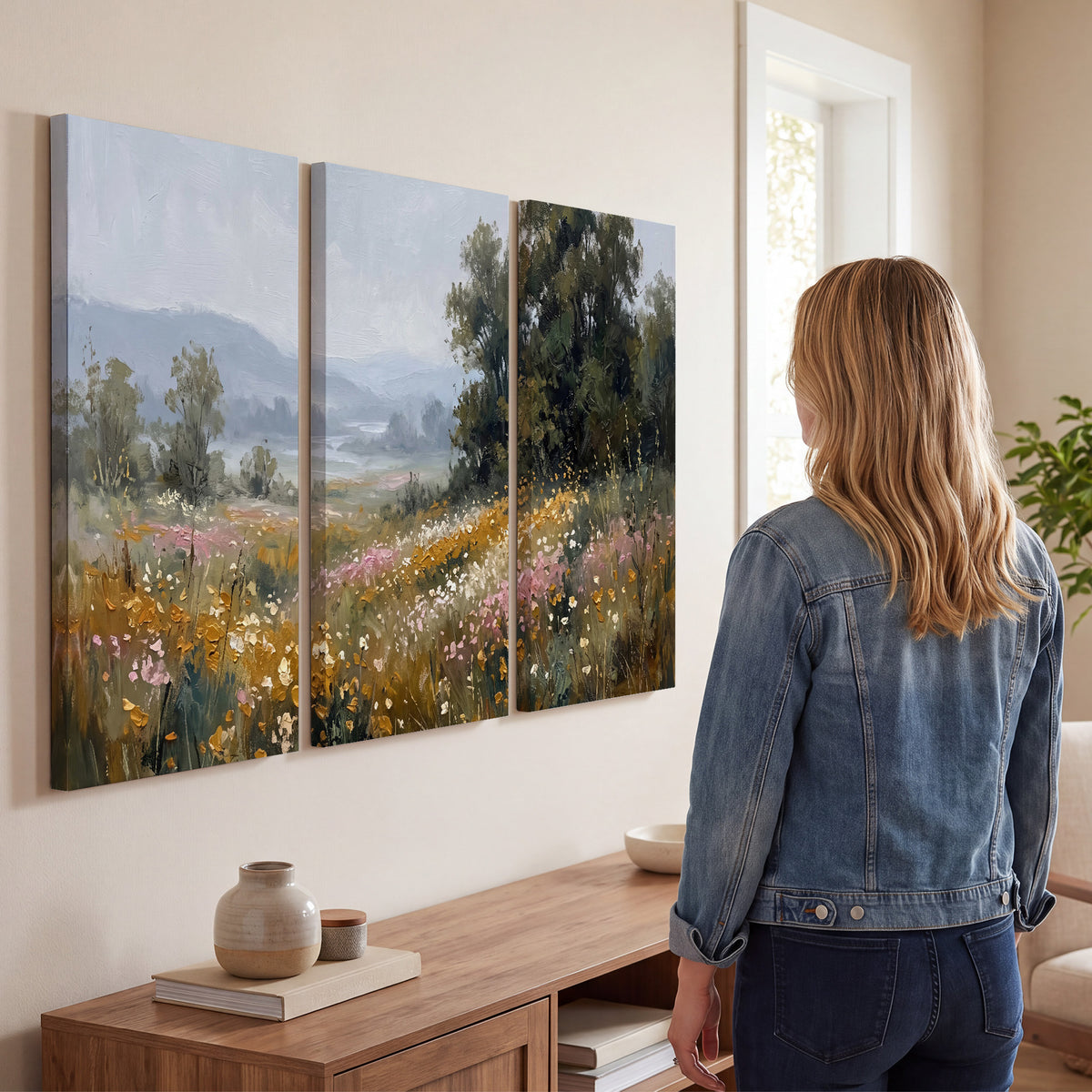 A flower-filled meadow overlooking soft blue mountain ridges 3 piece canvas wall art three panel arrangement on a wall