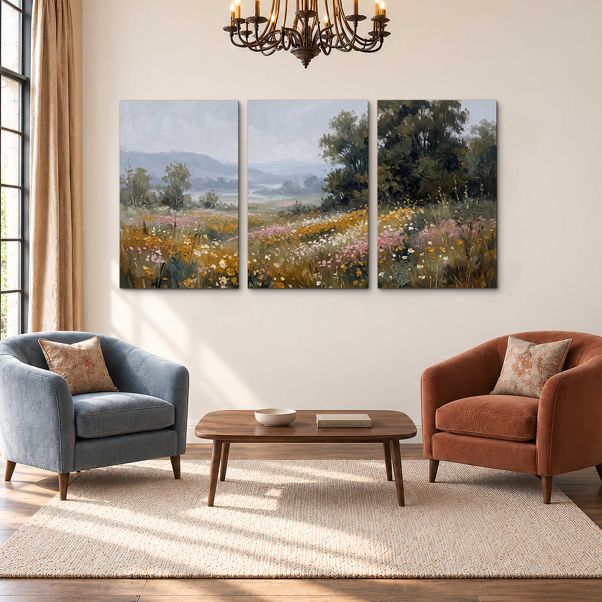 A flower-filled meadow overlooking soft blue mountain ridges 3 piece canvas wall art styled in an interior