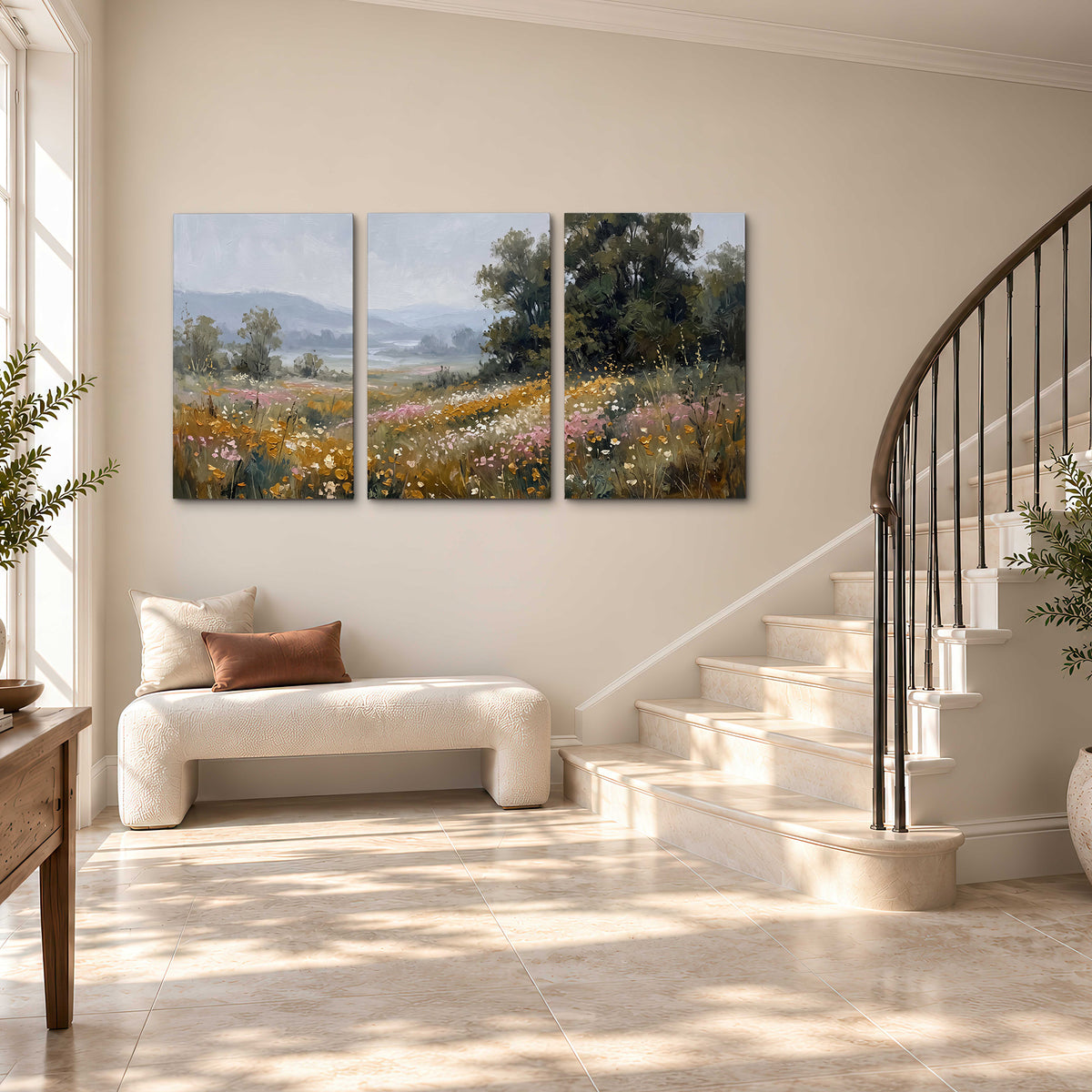 A flower-filled meadow overlooking soft blue mountain ridges 3 piece canvas wall art styled in an interior