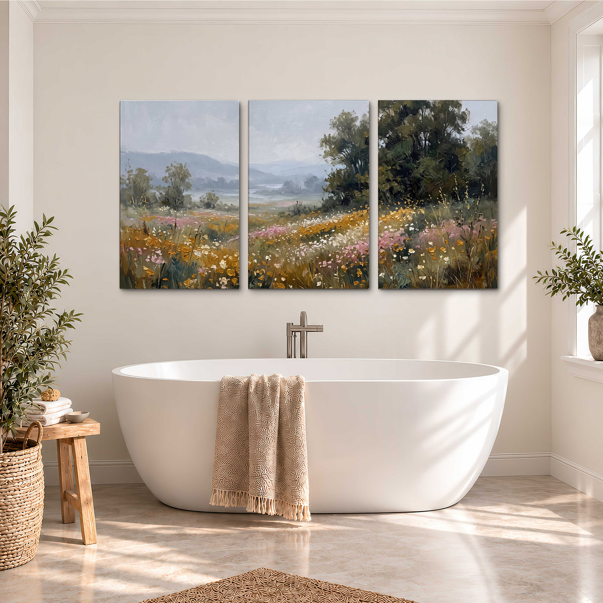 A flower-filled meadow overlooking soft blue mountain ridges 3 piece canvas wall art styled in an interior