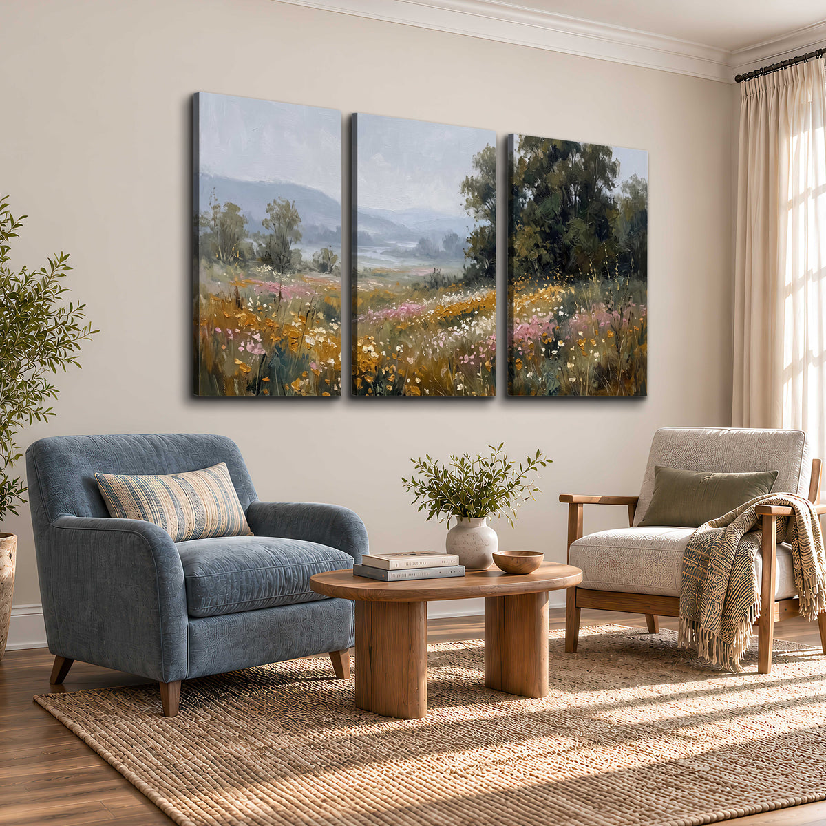 A flower-filled meadow overlooking soft blue mountain ridges 3 piece canvas wall art styled in an interior